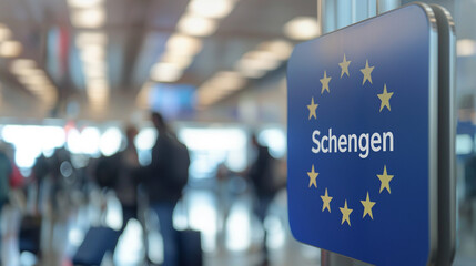 Schengen Sign in Busy Airport Terminal

