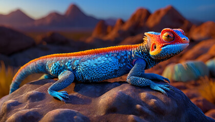 a red-headed agama lizard basking on a rock, its bright red head contrasting with its blue body, with a desert landscape in the background. - Powered by Adobe