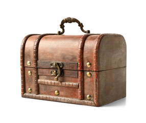 Old chest with treasures isolated on white background