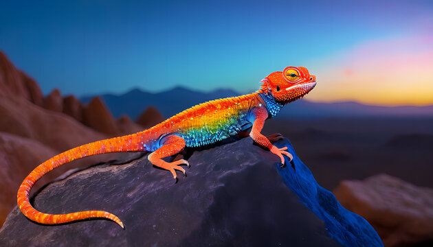 a red-headed agama lizard basking on a rock, its bright red head contrasting with its blue body, with a desert landscape in the background.
