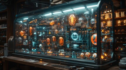 A futuristic store featuring a holographic display showcasing various sports equipment.