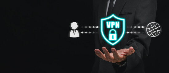 VPN, Virtual private network concept, Businessman hand holding Virtual private network icon on virtual screen, Internet security, encrypted connection for anonymous internet user.