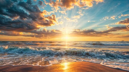 Vibrant sunset over ocean waves on a sandy beach