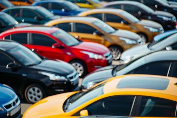 Obraz premium Parking lot with many brightly colored sports cars, side view.