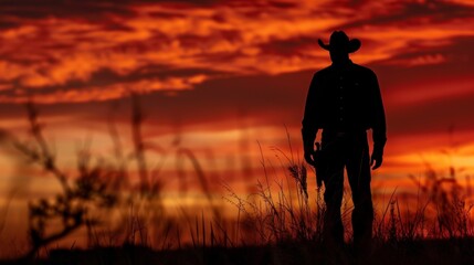 A cowboy silhouette perfectly silhouetted against the fiery sky as the sun begins to rise.