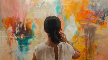 Fototapeta premium A woman stands in front of a large abstract painting back to the camera. has hand on chin deeply immersed in thought . .