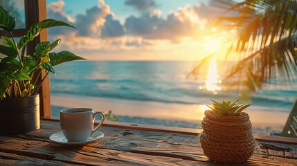 Obraz premium Beach Breeze Workspace: Free Space with Summer Scenery