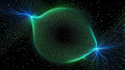 A green sphere with blue energy emanating from its poles against a black starry background