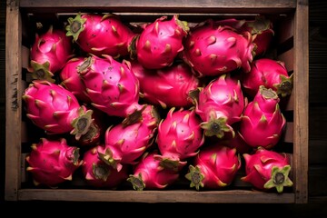 Dragon Fruits in wooden crate. Fresh Dragon Fruits