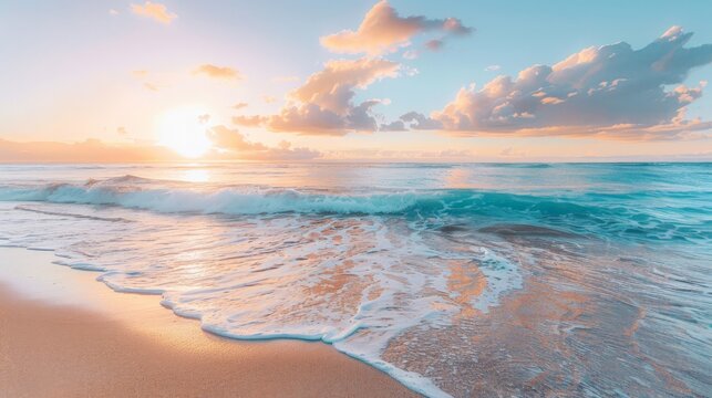 Scenic summer beach with hot hues of the sunset reflecting on the ocean waves
