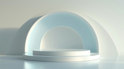 White background, 3D background with curved walls, light blue sky, light grey floor, minimalist style, minimalist style