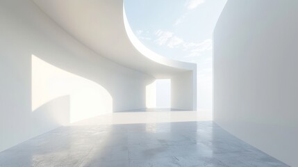 Obraz premium White background, 3D background with curved walls, light blue sky, light grey floor, minimalist style, minimalist style