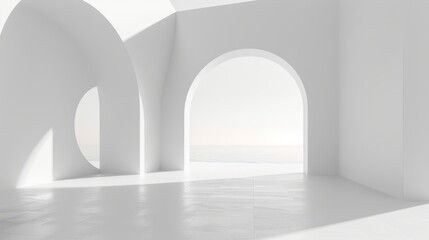 White background, 3D background with curved walls, light blue sky, light grey floor, minimalist style, minimalist style