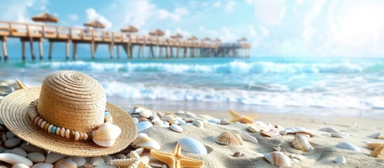 Inviting Beach Scene with Pebbled Sand, an Azure Pier, and Sun Lounger adorned with Straw Hat, Bracelet, Seashells, and a Splash of Yellow Orange. Perfect for Travel and Tourism.