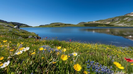 Fototapeta premium Summer Serenity At Riffelsee Lake Blooming Wildflowers And Clear Blue Skies