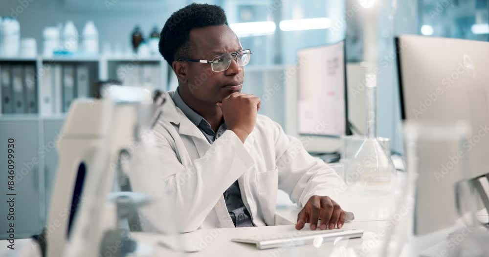 Poster science, thinking and black man in laboratory with computer for results, test and medical study. tec