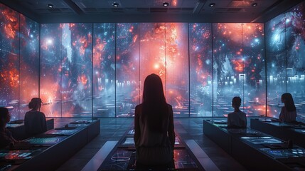 A futuristic classroom with students viewing holographic textbooks on a large screen.