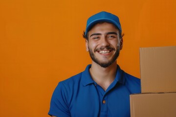 A man in a blue shirt is holding a cardboard box. Delivery concept