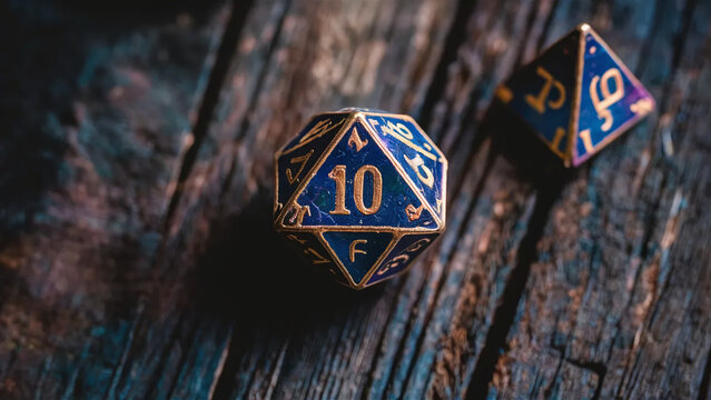 top view of d10 slices dice with number 20 on top, role playing games, geek nerd fun