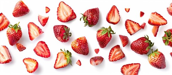 Strawberries Alone: Whole and Sliced Strawberries Falling on White Background, Easily Cut Out
