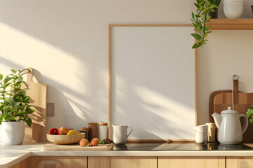 A kitchen with a white frame on the wall and a wooden counter