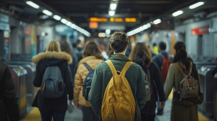 A group of commuters all facing away from the camera walk in sync towards the turnstiles of a subway station. Each person seems to . .