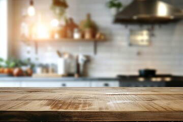 Empty wooden table and blurred kitchen background