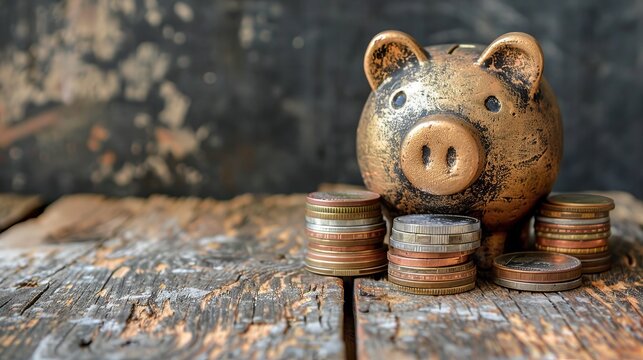 Antique golden piggy bank with shiny coins on distressed rustic wooden background