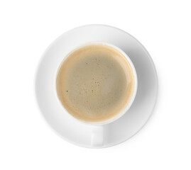 Aromatic coffee in cup isolated on white, top view