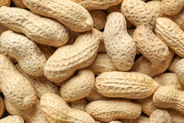 Many fresh unpeeled peanuts as background, top view