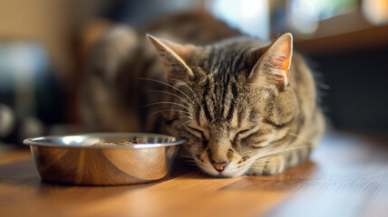 Adorable tabby cat enjoying a meal from a shiny stainless steel bowl, captured in a cozy indoor setting. Generative AI.