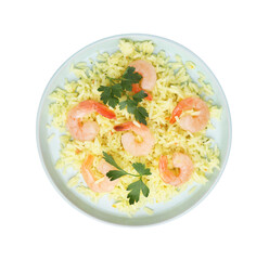 Delicious risotto with shrimps, parsley and lime isolated on white, top view