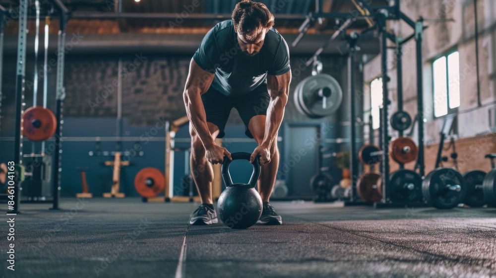 Wall mural man using a kettlebell in an indoor gym generative ai