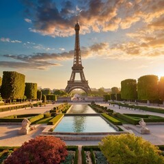 Obraz premium Paris Eiffel Tower and Trocadero garden at sunset in Paris, France. Eiffel Tower is one of the most famous landmarks of Paris., toned