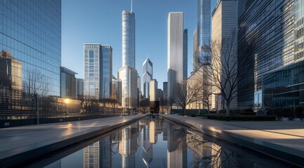 Fototapeta premium Urban high-rise office building, commercial building,. The grandeur and scale of some tall buildings. This photo shows the high-rise office tower as a symbol of corporate power and innovation.