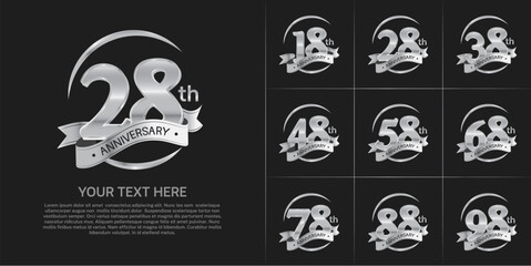 anniversary logotype set vector, silver color and silver ribbon for special day celebration
