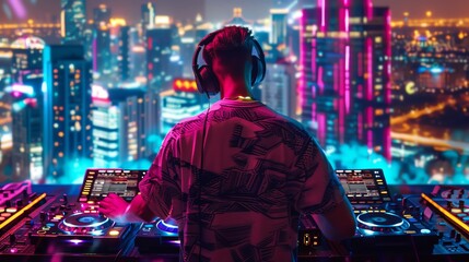 Obraz premium DJ performing in front of vibrant city skyline at night, mixing music with illuminated high-rise buildings in the background.