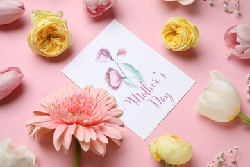 Festive postcard with flowers on pink background. Mother's Day celebration