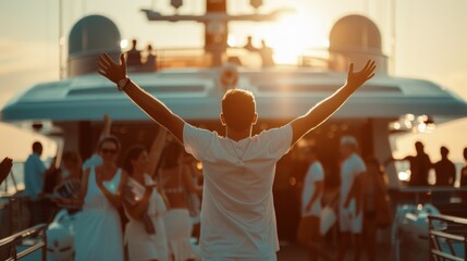 In a moment of pure joy a man jumps up in the air arms outstretched facing away from the camera on a yacht deck. friends cheer . .