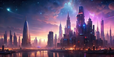 Fototapeta premium Abstract of New York City skyline in a futuristic style , digital, cityscape, architecture, urban, abstract, modern, skyline, buildings, generated, art, design, technology, futuristic