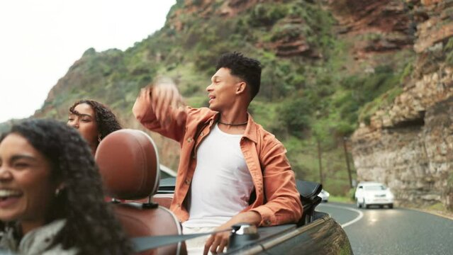 Group, people and driving for road trip or excited for vacation, travel on mountain for wellness. Friends, together and journey on street for holiday with music and dance, team commute in Brazil