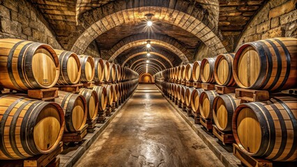 Old French oak wooden barrels in underground cellars for wine aging process , vintage, barrels, casks, old cellar, Spanish winery, storage, aging, delicious, wine, high quality, photo