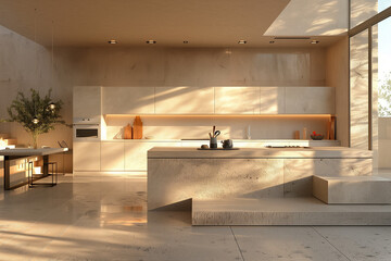 Sleek minimalist kitchen with geometric shapes, warm neutral tones, clear midday brightness, and polished concrete textures, highlighting simplicity and a serene, clutter-free environment.