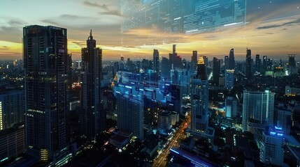 Fototapeta premium Glowing technological process hologram, aerial panoramic city view buildings at sunset