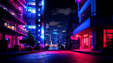 Fototapeta premium The Dynamic Neon Night Cityscape: Perfect for Urban-Themed Events, Futuristic Advertising, and Modern Marketing Campaigns, this image sets a lively and futuristic tone for any project focused on urban