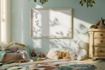 Child's bedroom mockup with wooden frame hanging above bed in a stylish nursery.