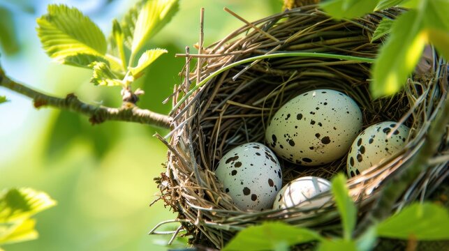 Closeup of a birds nest in a tree, with eggs inside