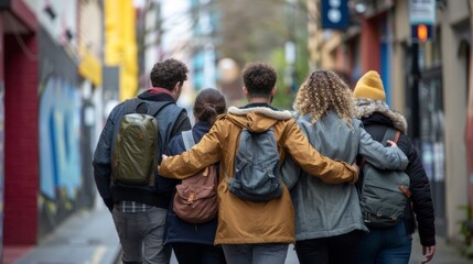 A group of friends walking arm in arm talking and laughing as they make way down the street. They are all facing away from the . .