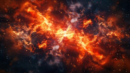 Cosmic explosion in space, fiery reds and oranges, dark background, dynamic and intense, wideangle shot, high detail