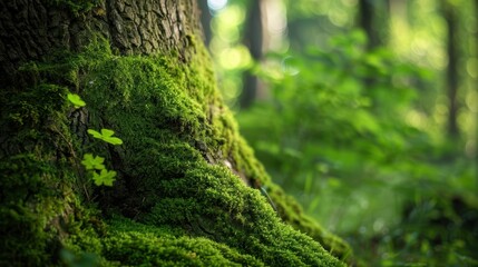 Fototapeta premium Closeup of a mossy tree trunk in an ancient forest